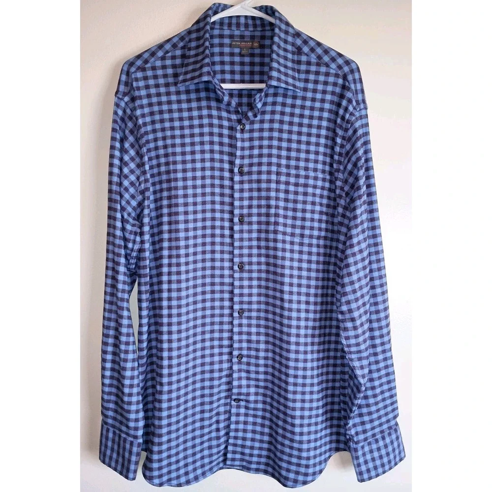 Peter Millar Crown Sport Blue & Plum Check Long Sleeve Button Down Shirt Men's L - Picture 1 of 10
